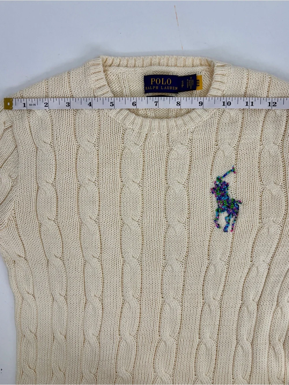 POLO RALPH LAUREN Beaded Big Pony Sweater Women’s S Cream Cable Knit Pima Cotton - Picture 9 of 13